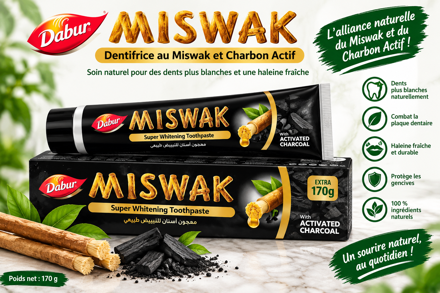 Dentifrice Miswak au Charbon Actif