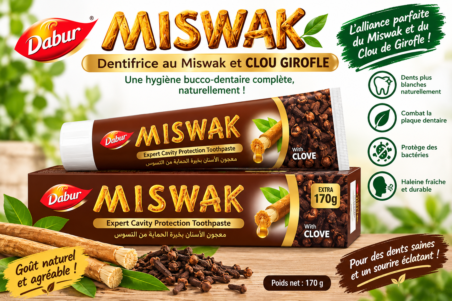 Publicité naturelle pour dentifrice Miswak et clou de girofle
