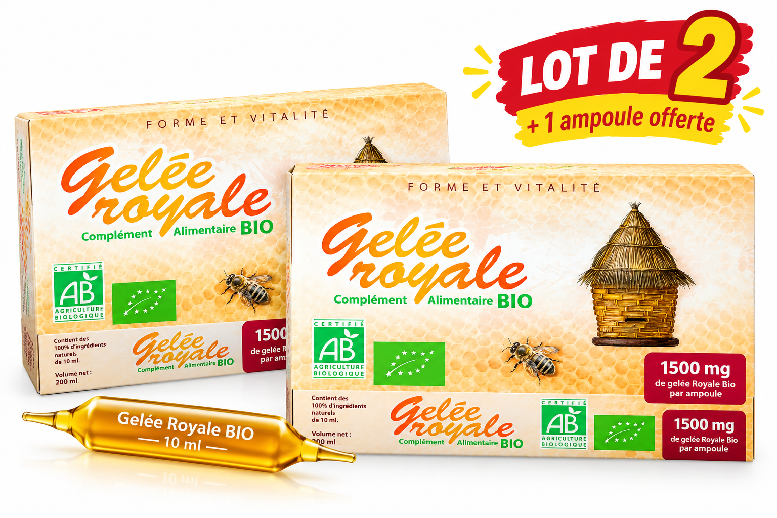Gelée royale bio, lot de 2 + ampoule offerte