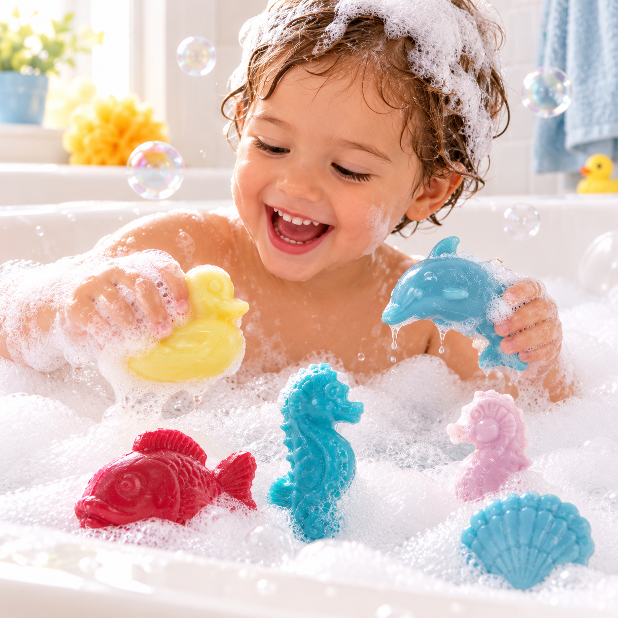 Bain moussant joyeux aux jouets colorés