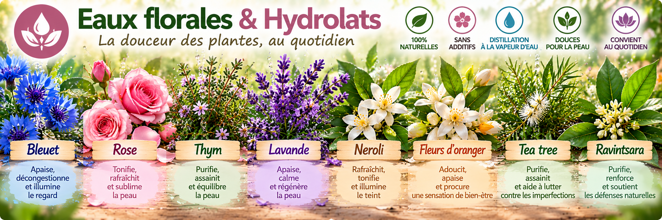 Eaux florales et hydrolats botaniques