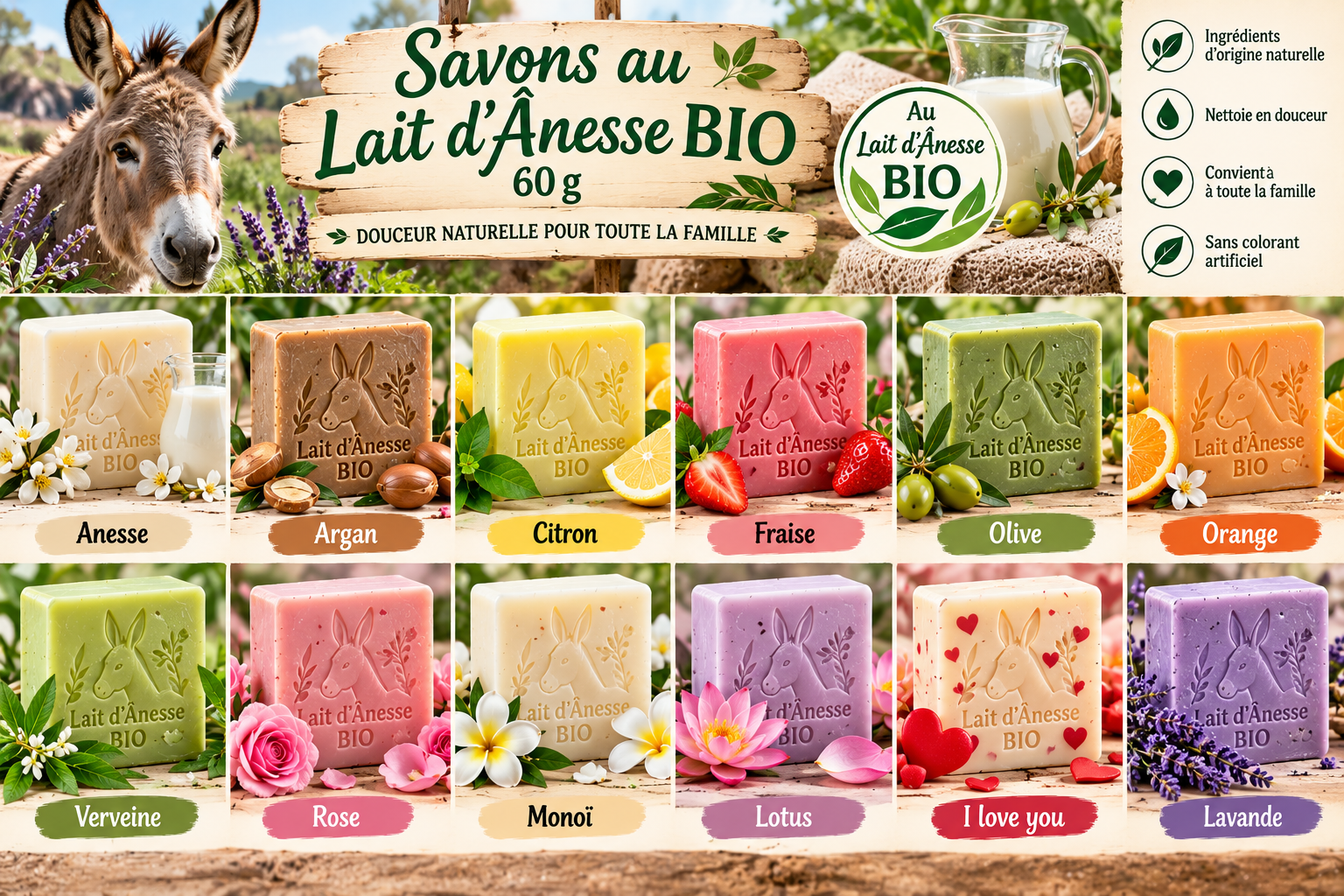 Savons bio au lait d’ânesse