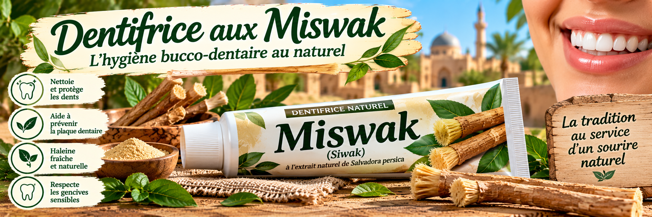 Dentifrice Miswak, sourire naturel