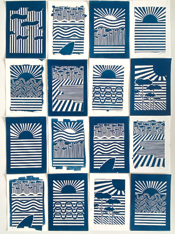 Cyanotype Sunset &amp; Waves  serie lines Adelaide Aronio Quorum