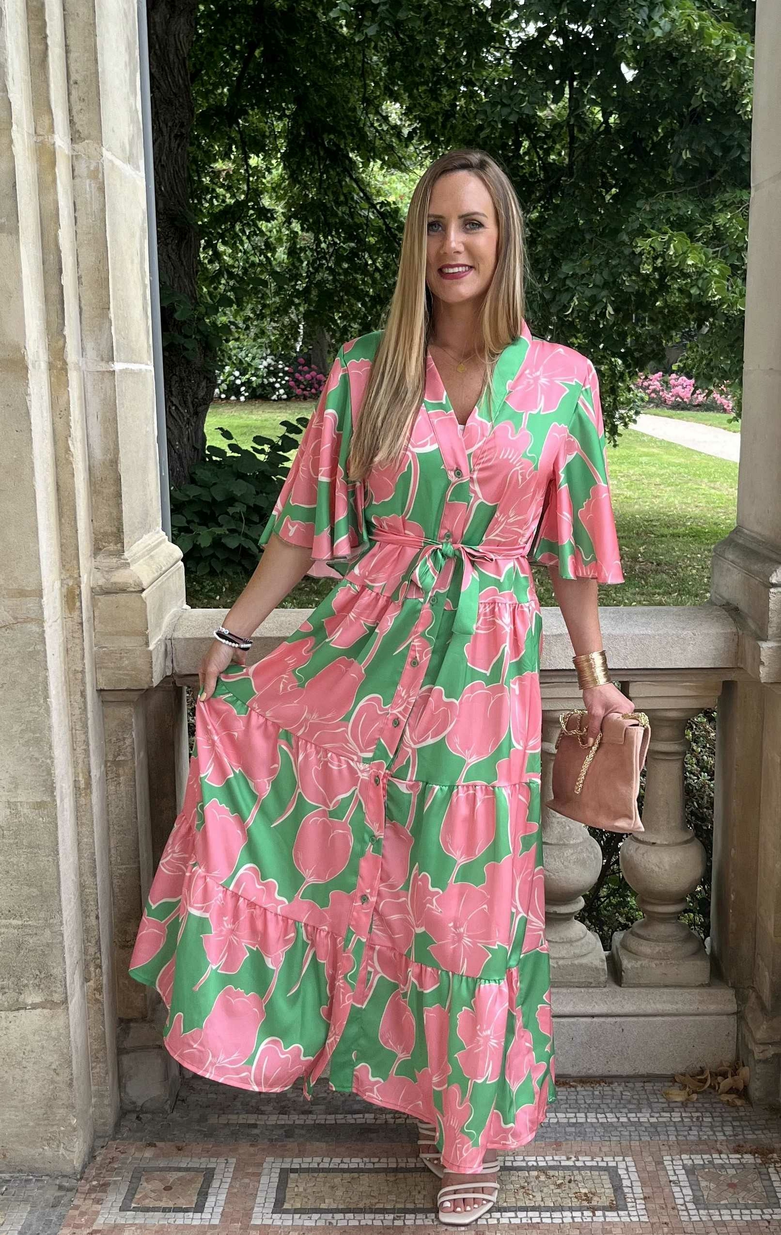 robe camelia verte fleurs rose