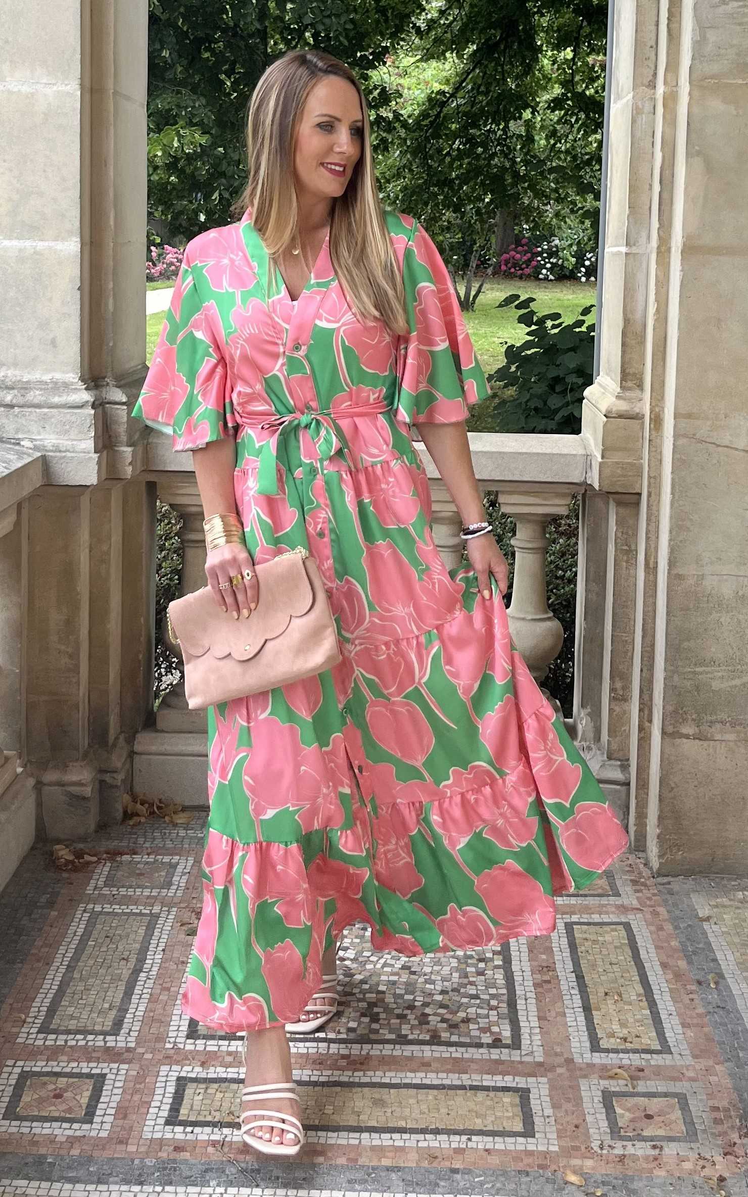 robe camelia verte avec fleurs rose  2