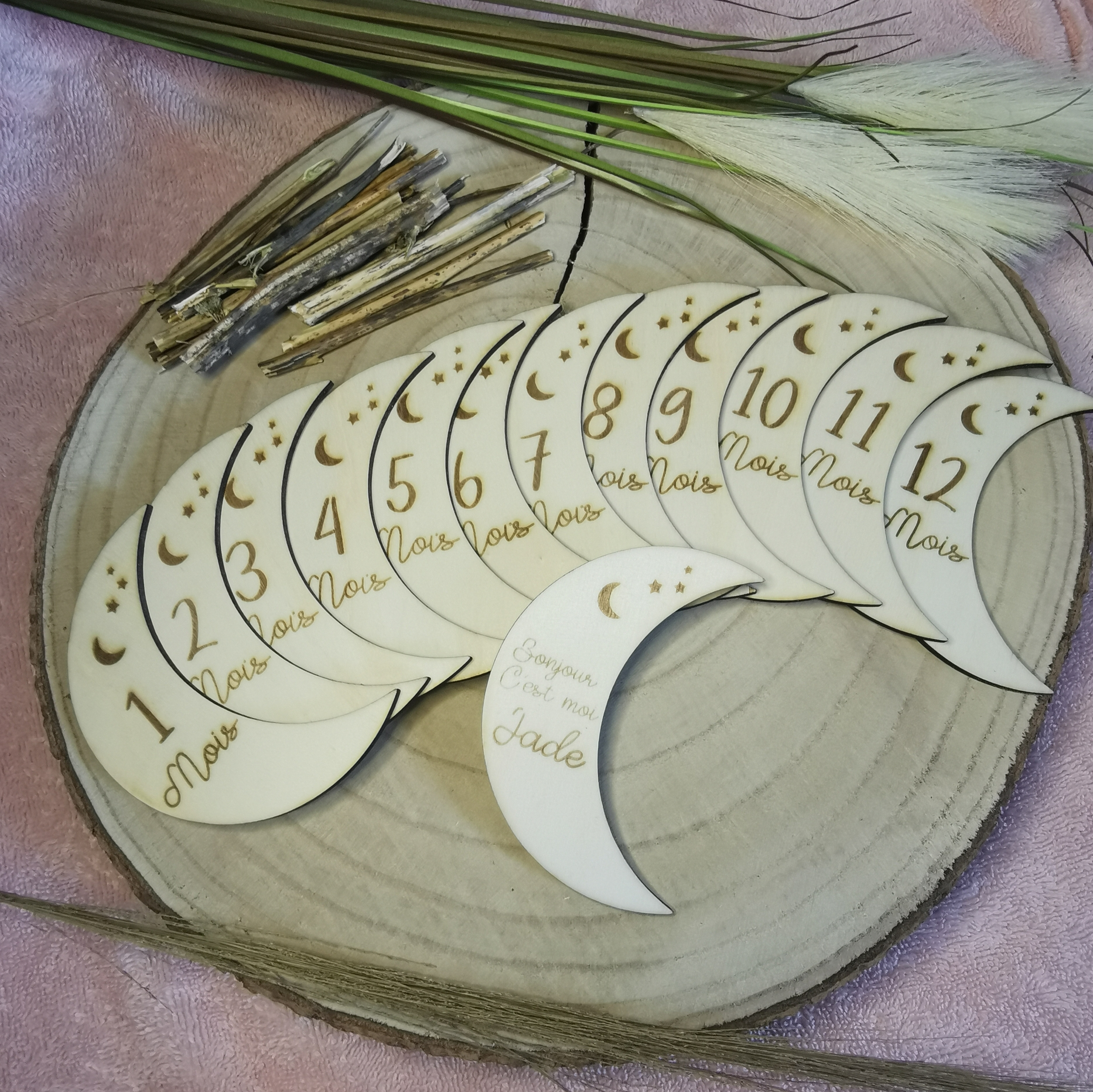 Cartes étapes en bois, thème lune, pour les photos des mois de bébé