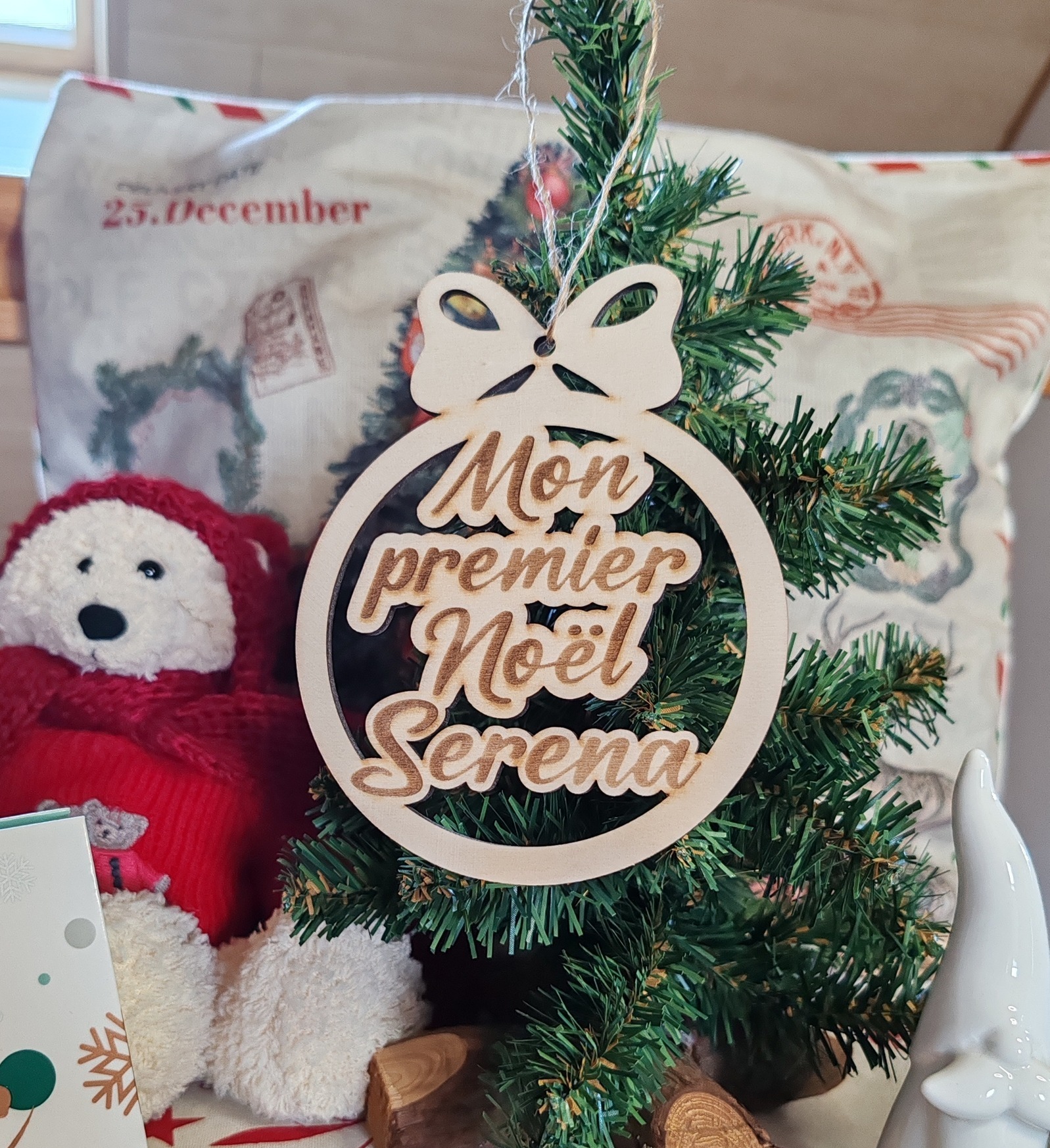 Boule de Noël en bois « Mon premier Noël » avec prénom