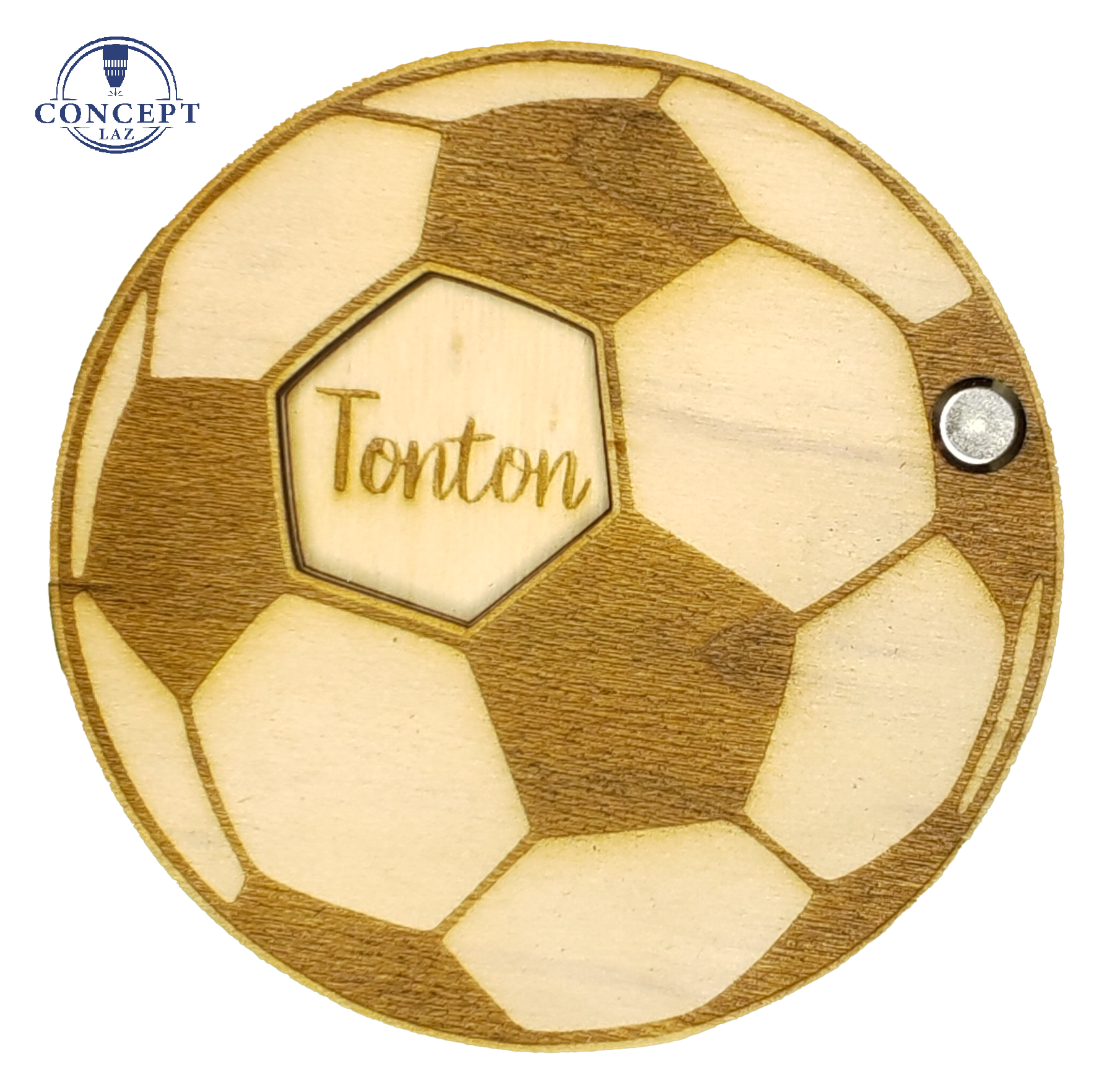Faire-part de demande de parrain ou marraine en bois, thème ballon de foot, vue 2