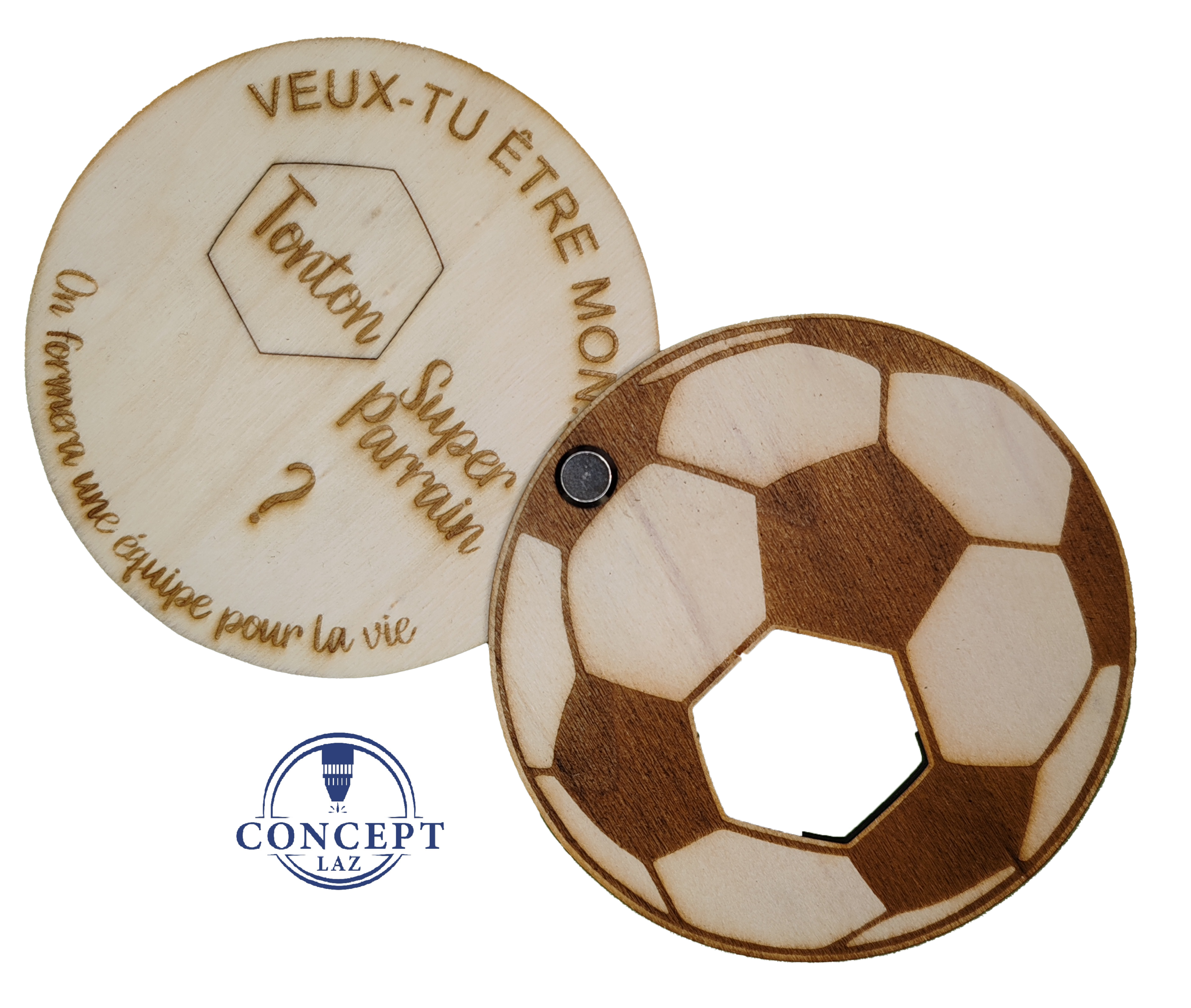 Faire-part de demande de parrain ou marraine en bois, thème ballon de foot