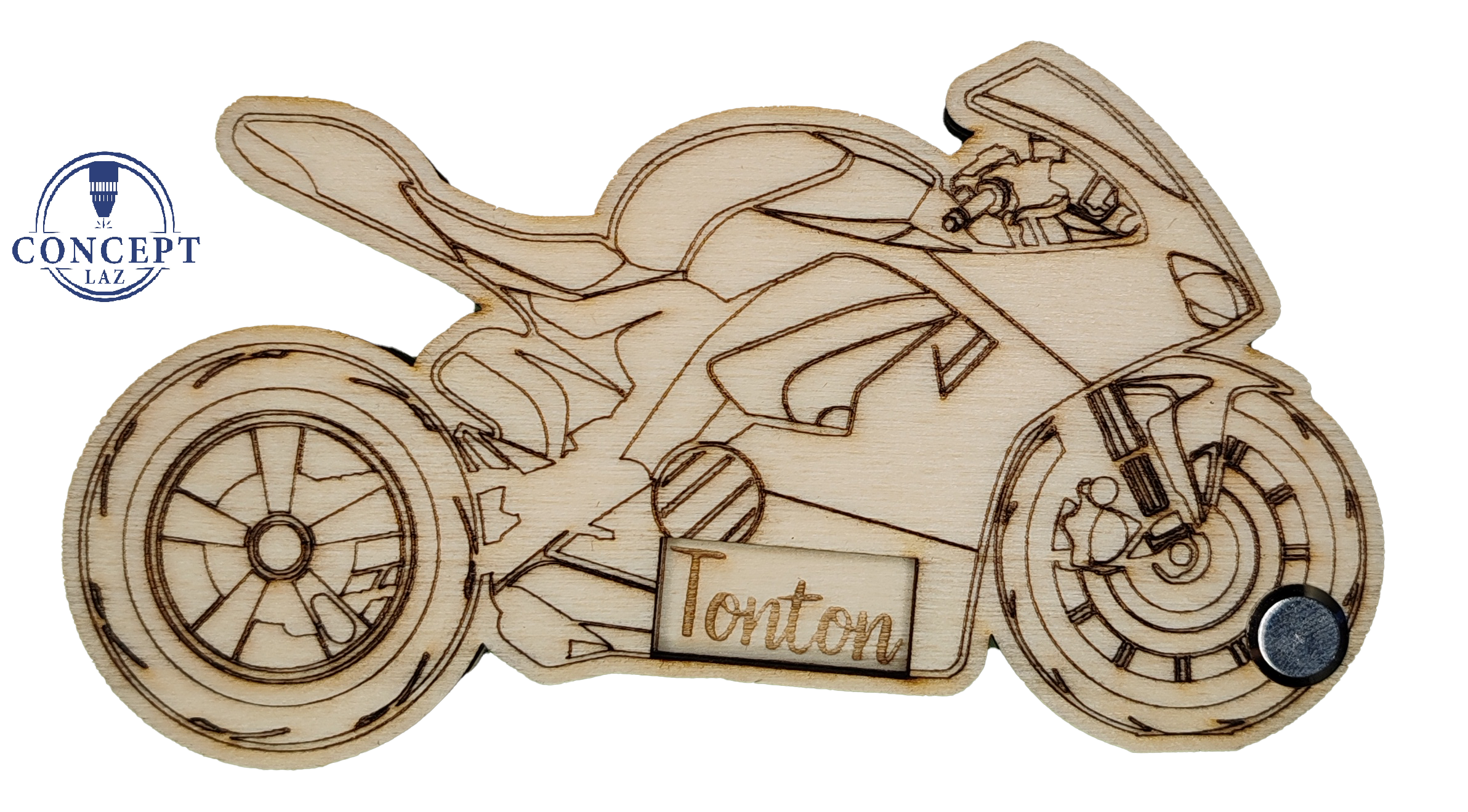Faire-part de demande de parrain ou marraine en bois, thème moto, vue 3
