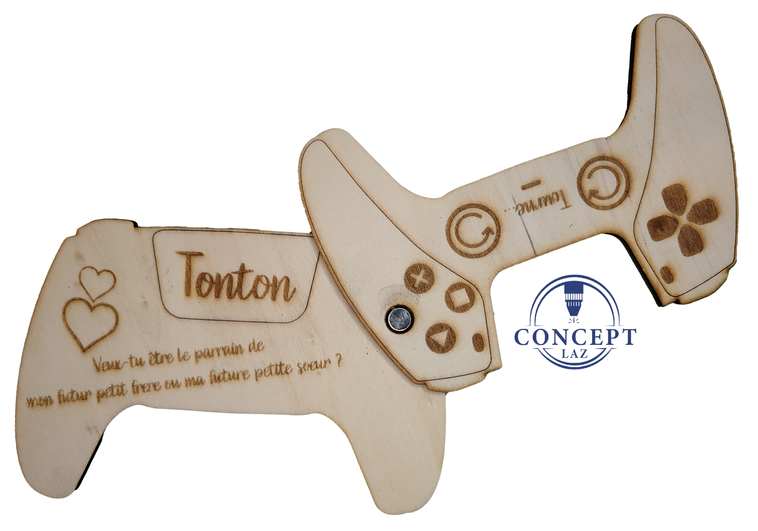 Faire-part de demande de parrain ou marraine en bois, thème manette de jeu