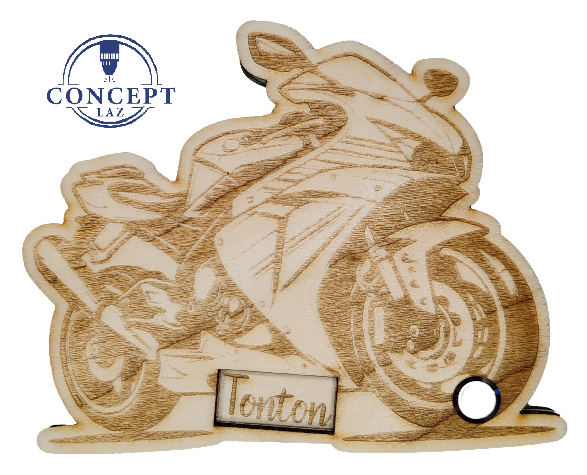 Faire-part de demande de parrain ou marraine en bois, thème motard, vue 2