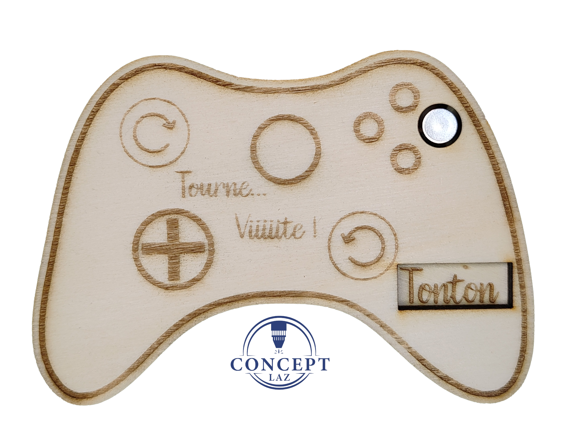 Faire-part de demande de parrain ou marraine en bois, thème manette de jeu, vue 2
