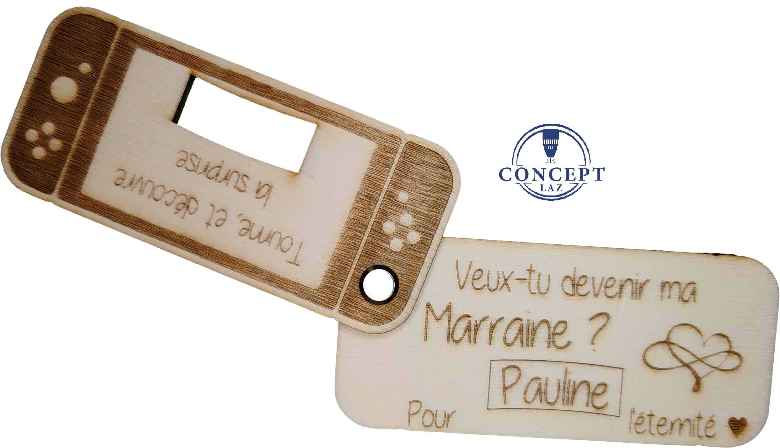 Faire-part de demande de parrain ou marraine en bois, thème console de jeux
