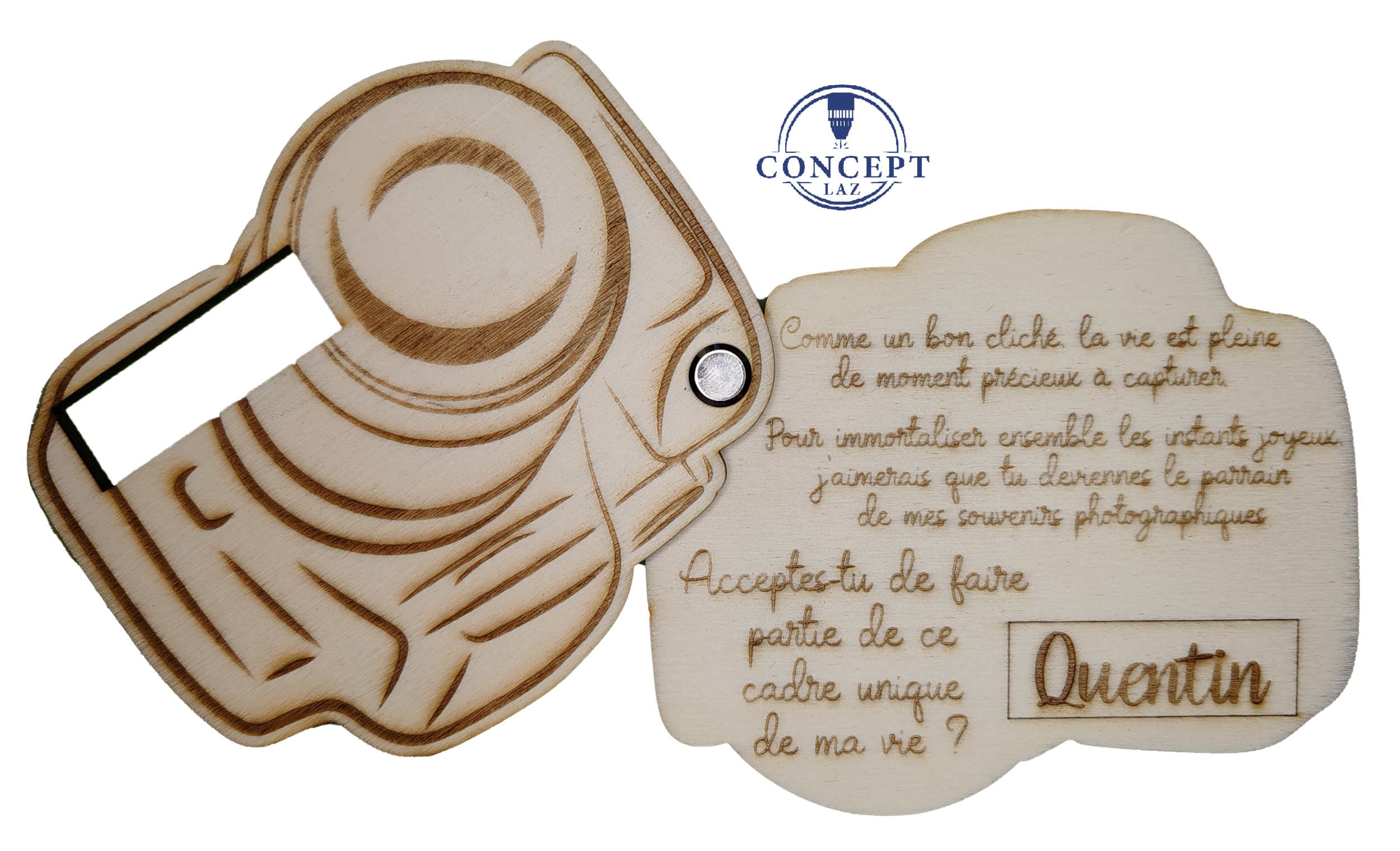 Faire-part de demande de parrain ou marraine en bois, thème photographie