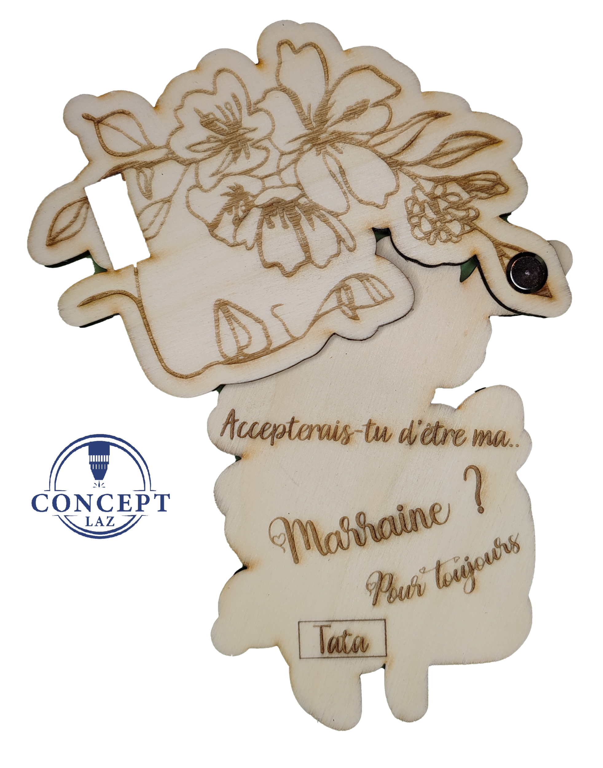 Faire-part de demande de parrain ou marraine en bois, thème visage fleuri