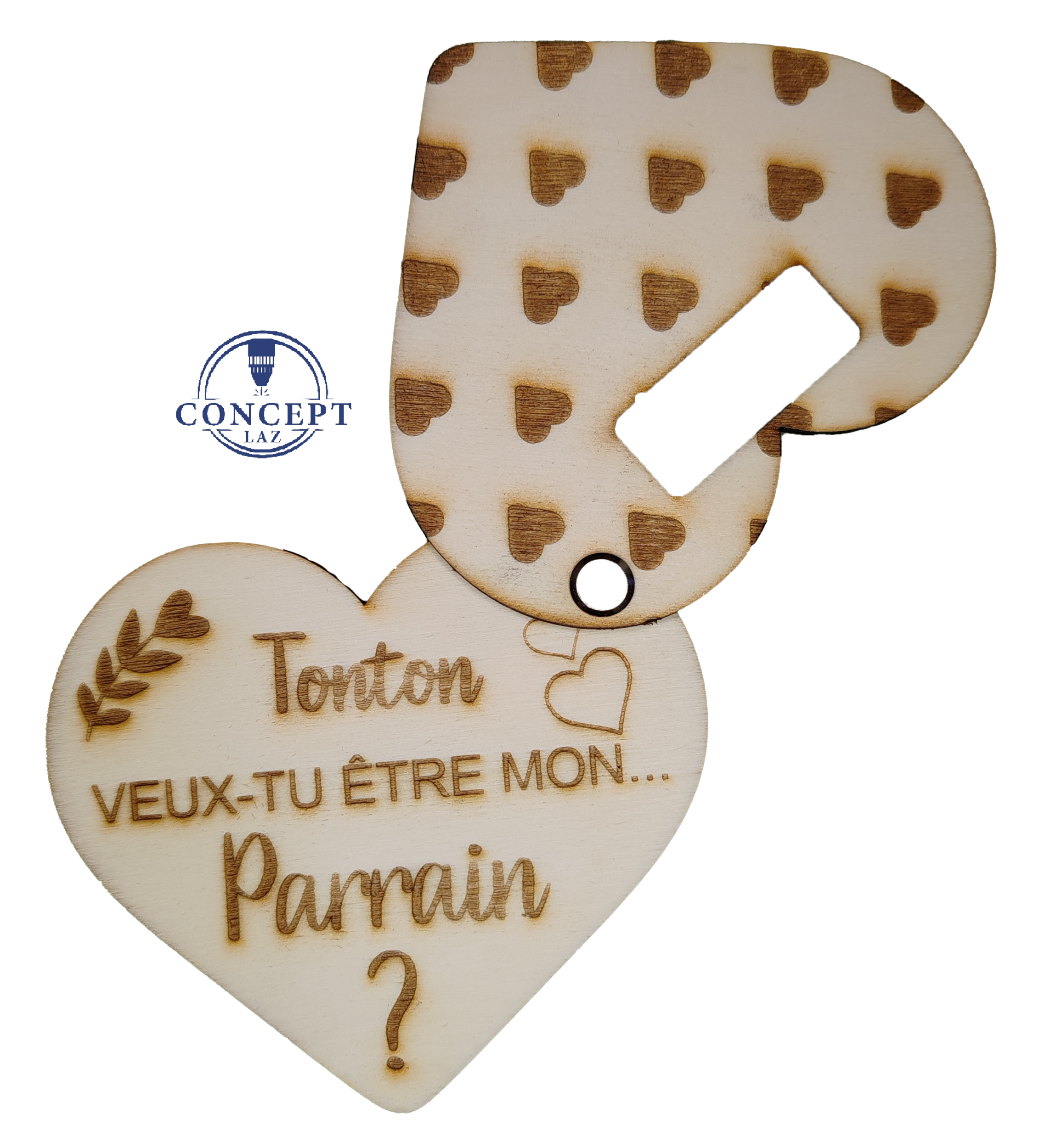 Faire-part de demande de parrain ou marraine en bois avec un cœur, vue 7