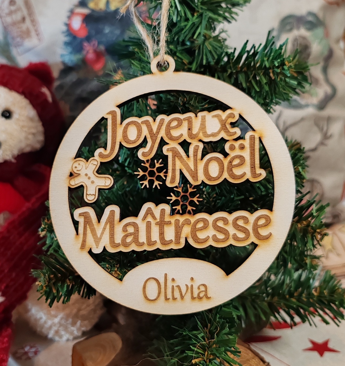 Boule de Noël en bois « Joyeux Noël Maîtresse » personnalisée