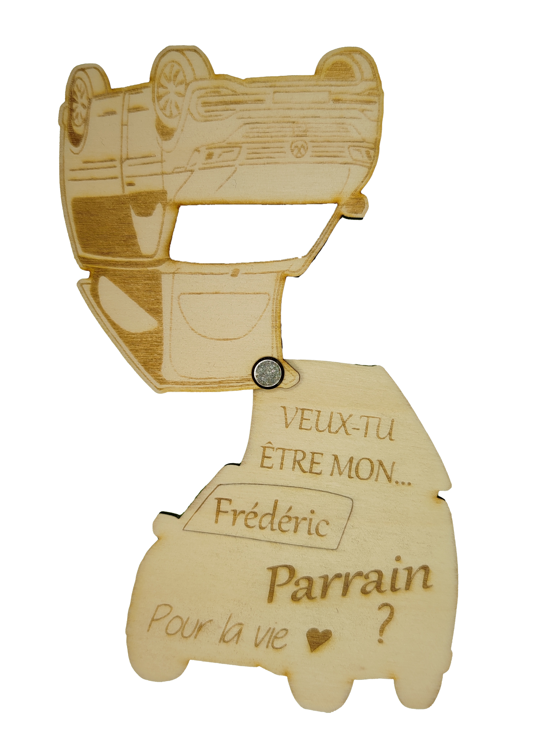 Faire-part de demande de parrain ou marraine en bois, thème van
