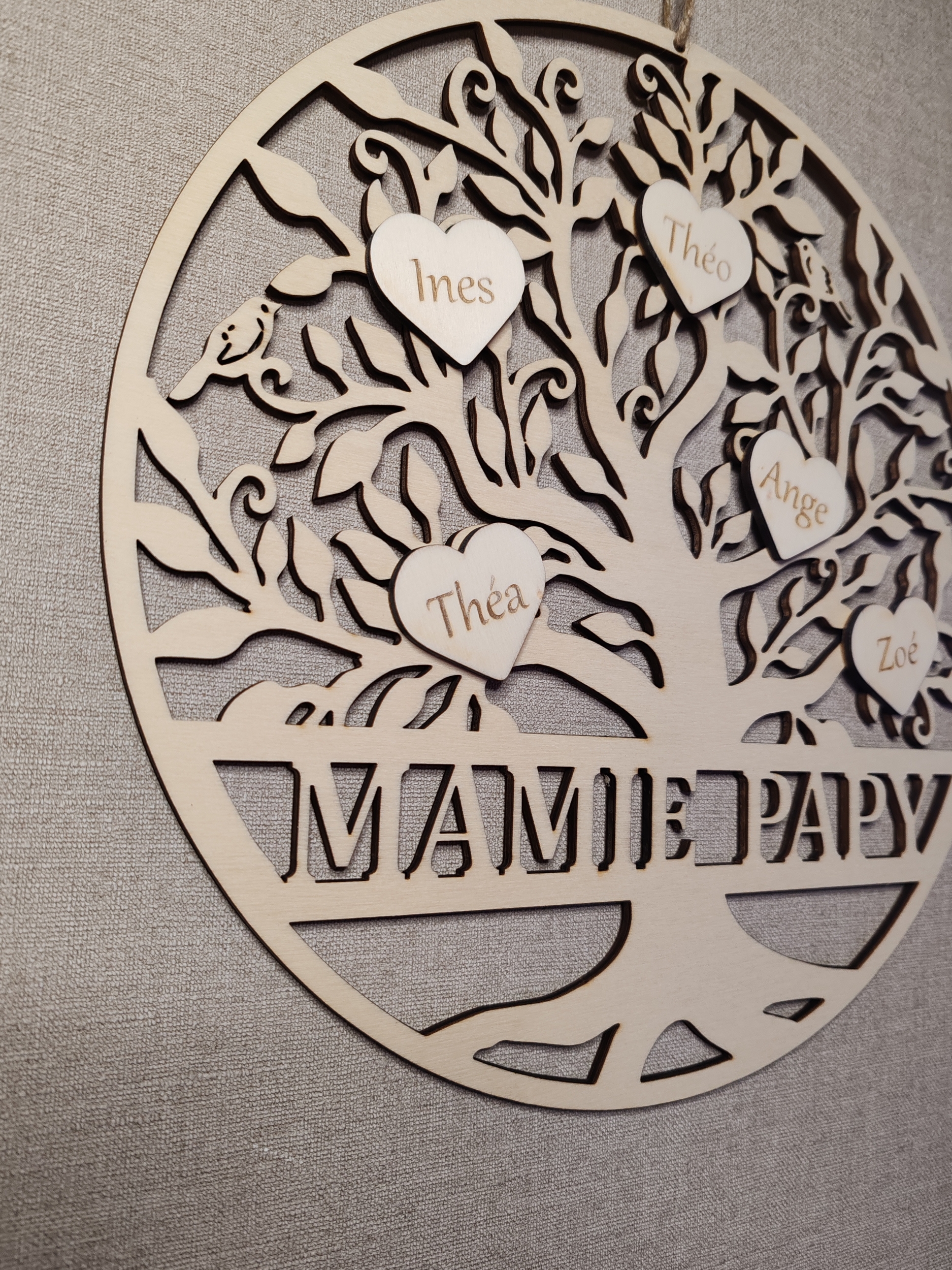 Arbre de vie « Mamie Papy » en bois avec cœur, personnalisé