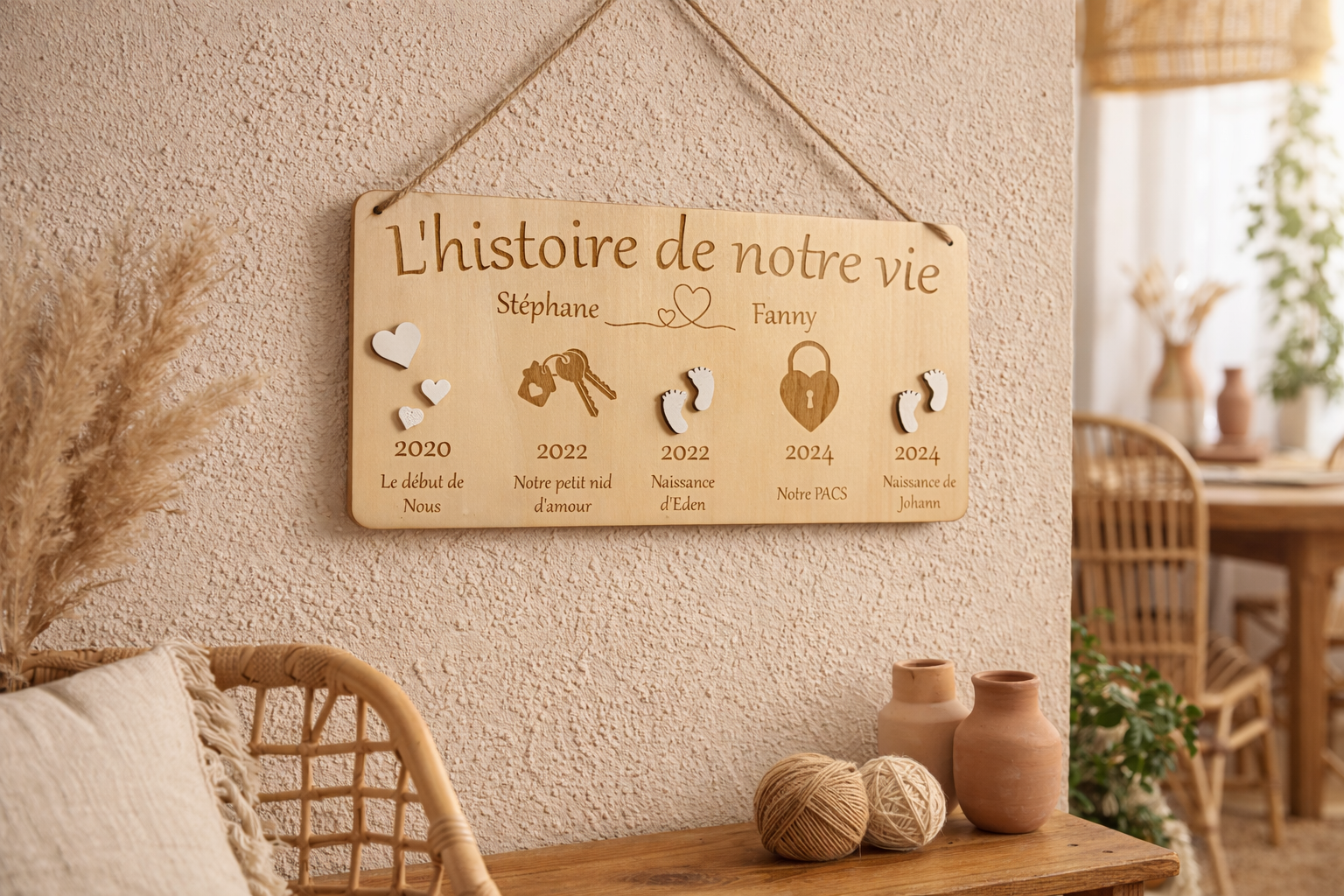 Panneau Mexicain Peint Main - Bois - Oiseaux, Maisons, Coeur - Vintage