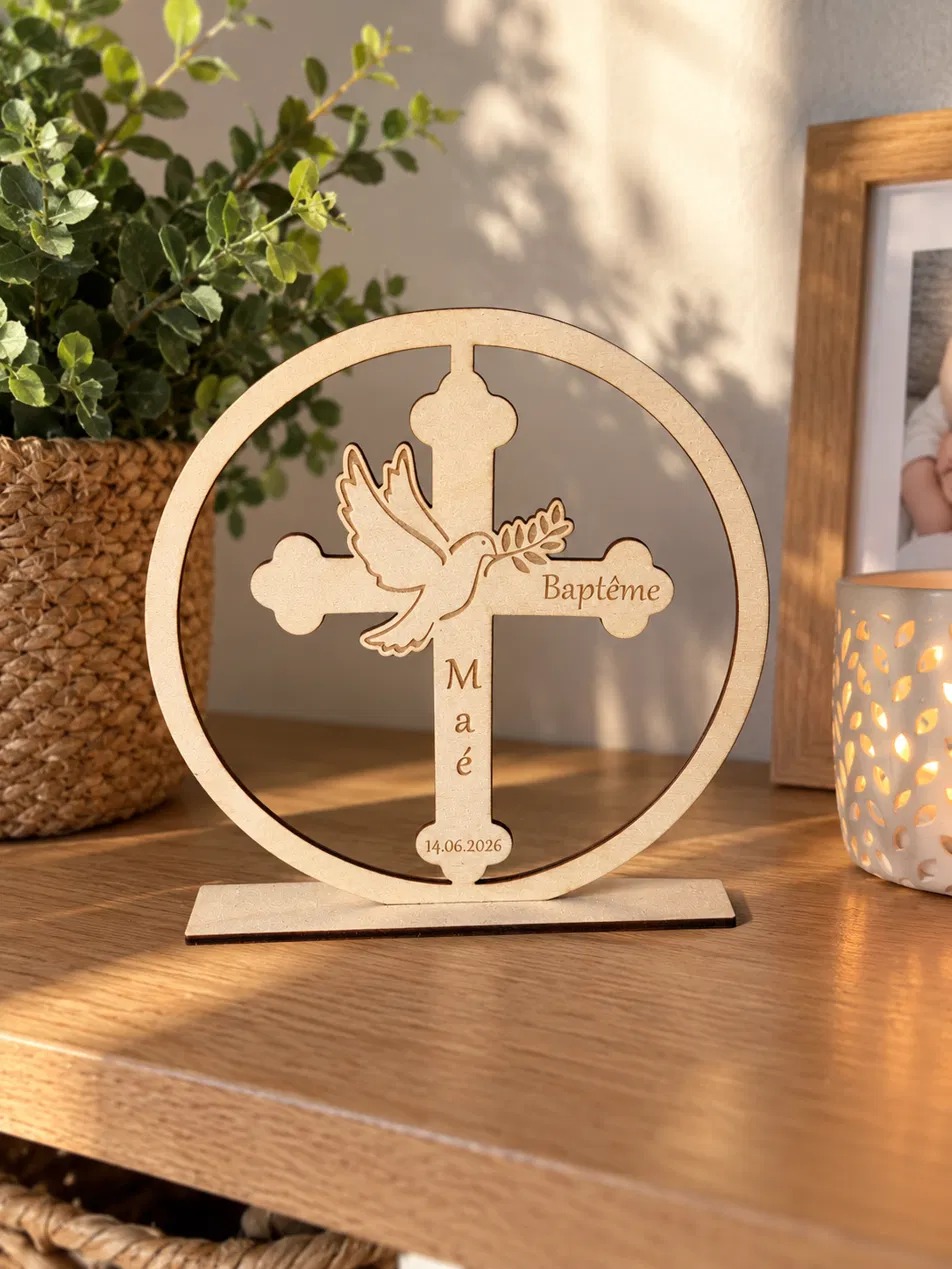 Croix de baptême en bois avec colombe, prénom et date gravés, sur son support