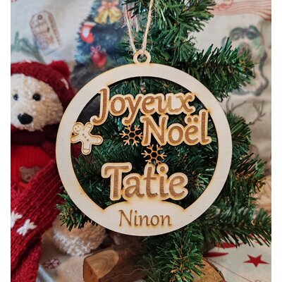Boule de Noël en bois « Joyeux Noël Tatie » personnalisée