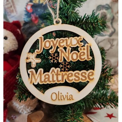 Boule de Noël en bois « Joyeux Noël Maîtresse » personnalisée