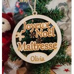 Boule de Noël en bois « Joyeux Noël Maîtresse » personnalisée