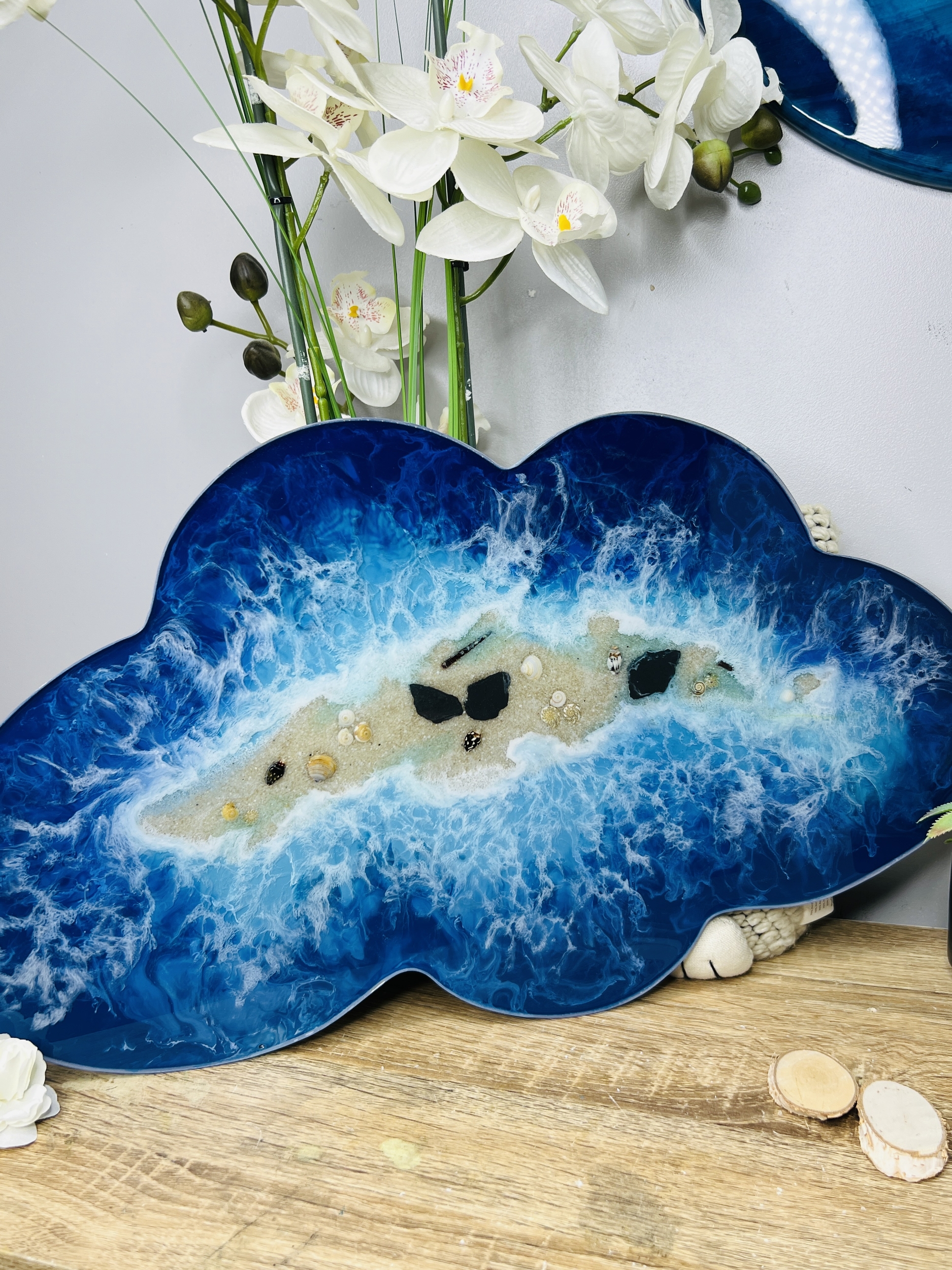 Grand Plateau Décoratif En Résine – Motif Fleuri, Fait Main