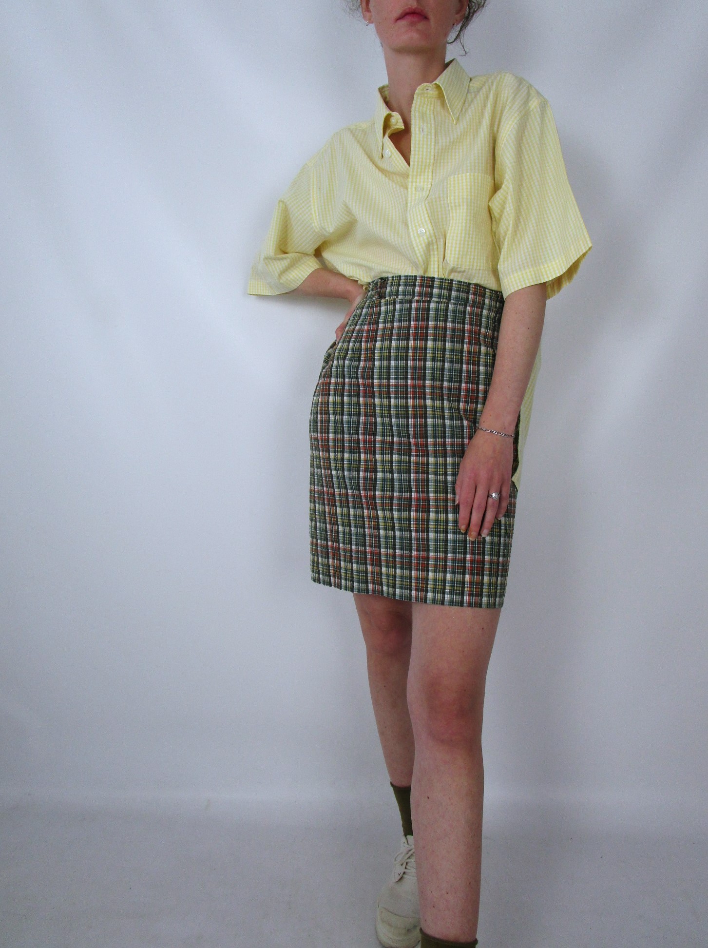 Jupe seersucker taille haute carreaux vert orange S/M
