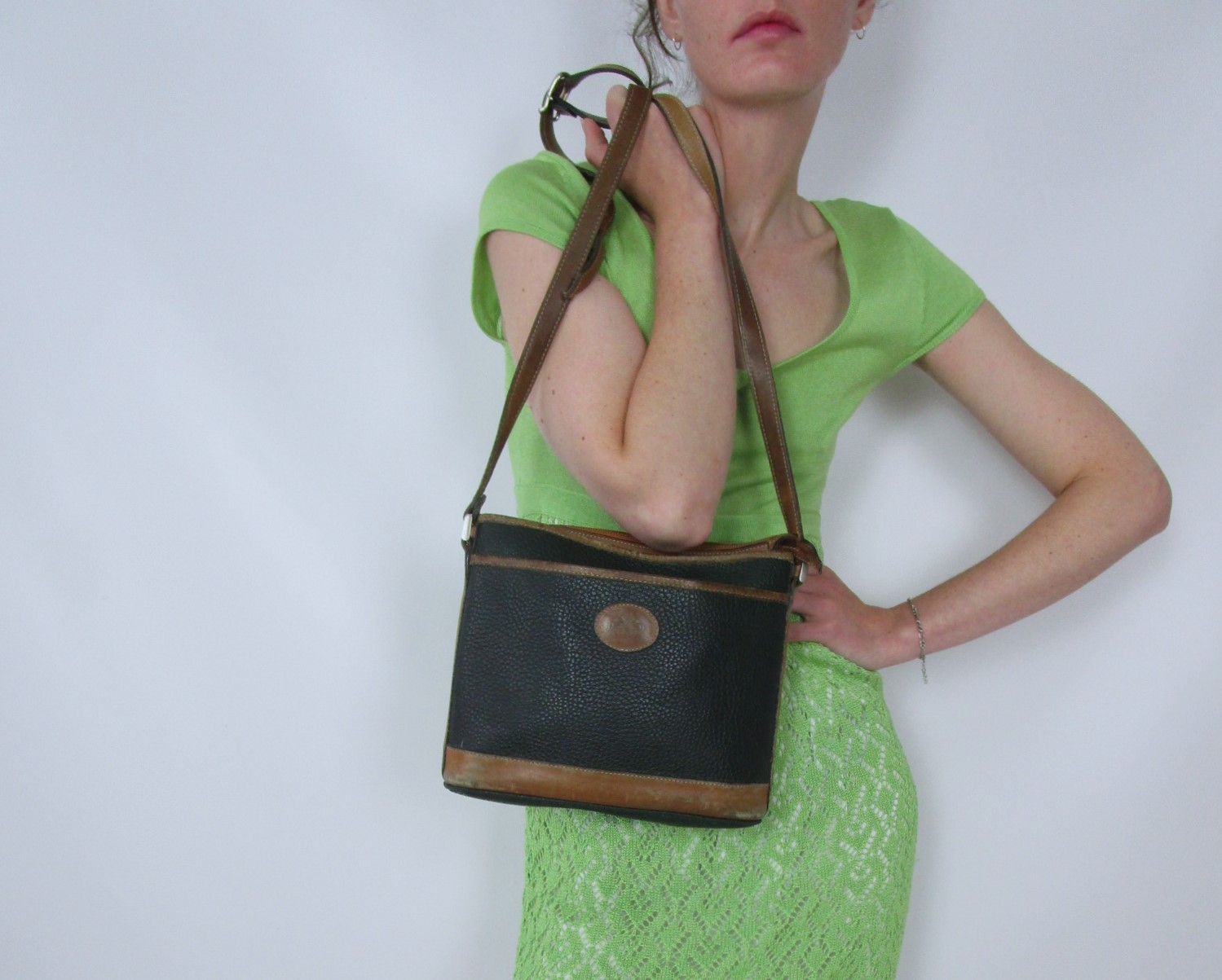 Sac à main cuir grainé vert marron TU