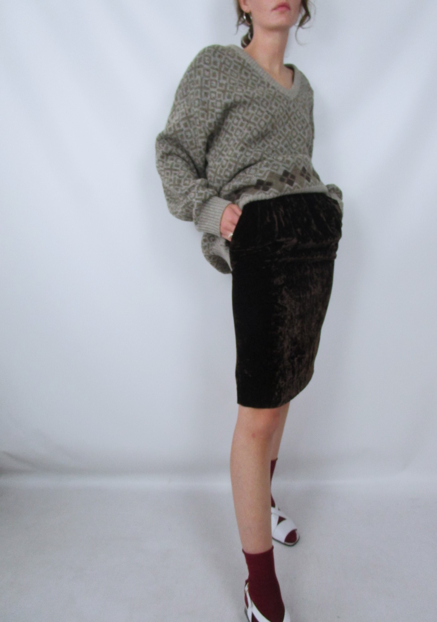 Jupe mi-longue velours satiné marron XXS/XS