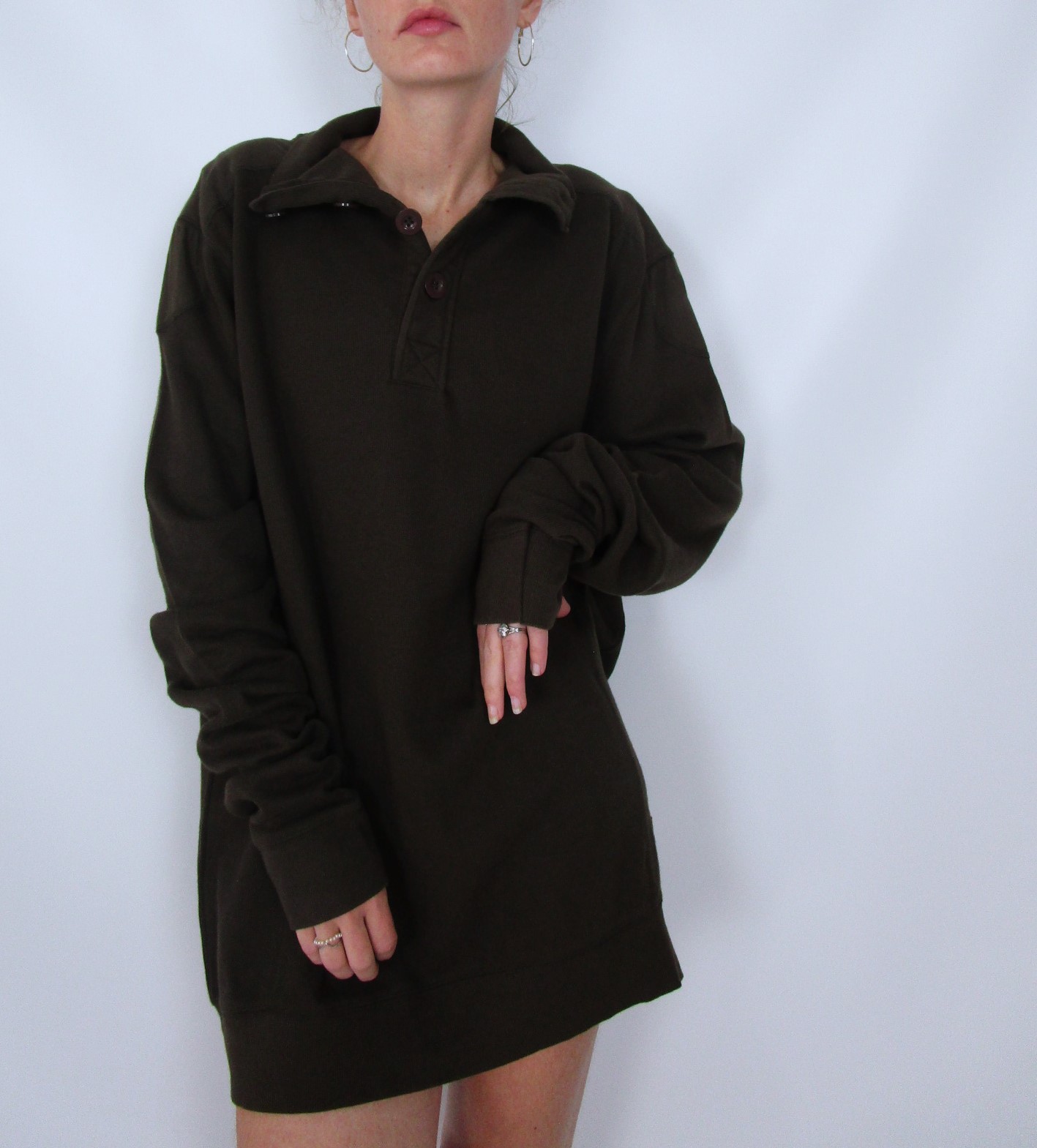 Sweat fin long col boutonné kaki L/XL