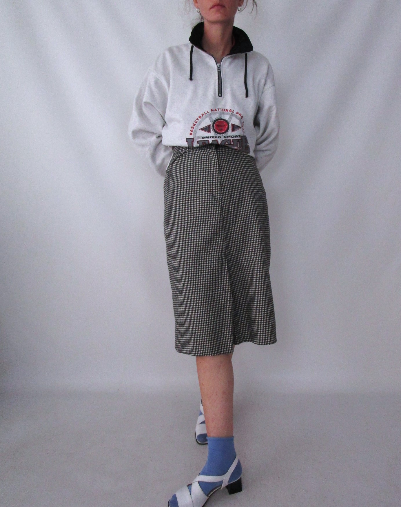 Jupe mi-longue taille haute pied de poule noir et blanc XXS/XS