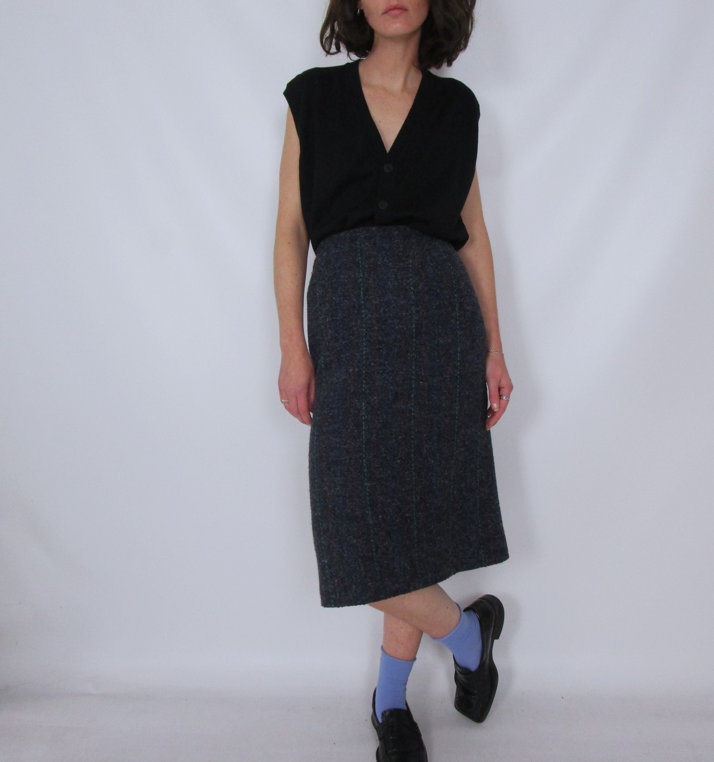 Jupe mi-longue taille haute laine bleue XXS/XS