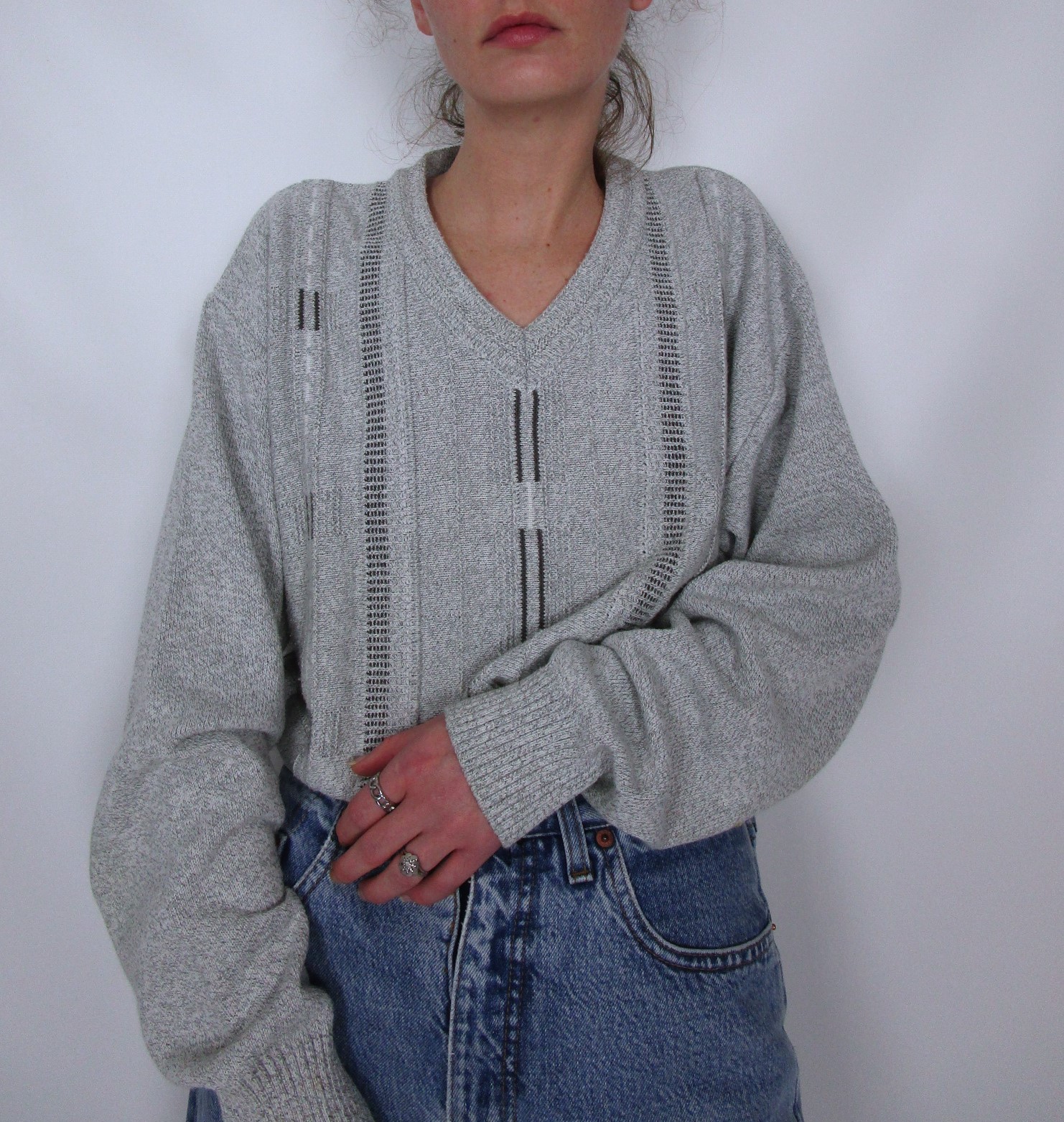Pull loose col V gris perle 90\'s