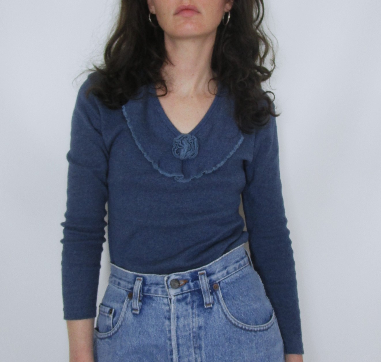 T-shirt côtelé bleu col fleur XS/S