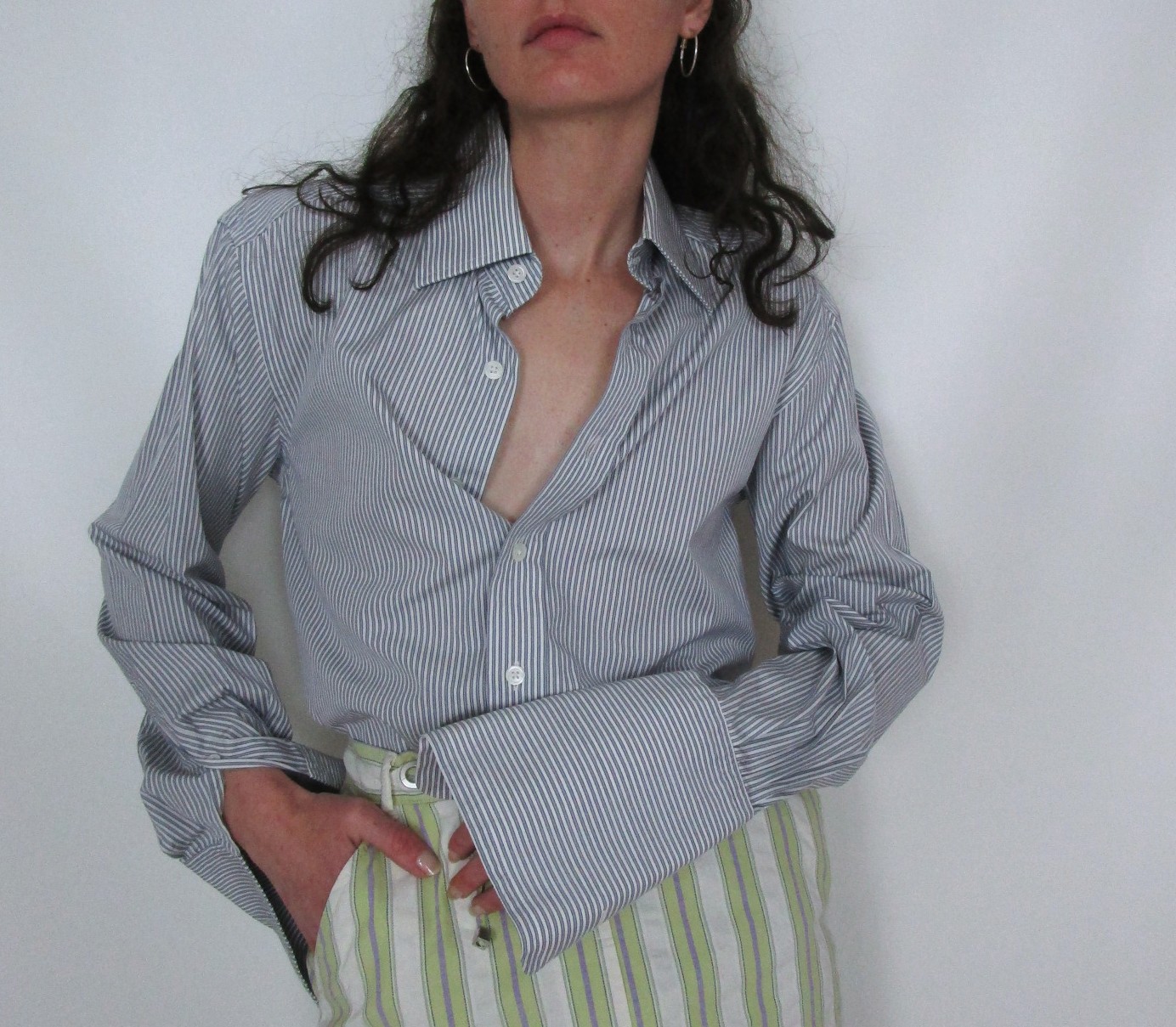 Chemise blanche rayures bleu clair gris M/L