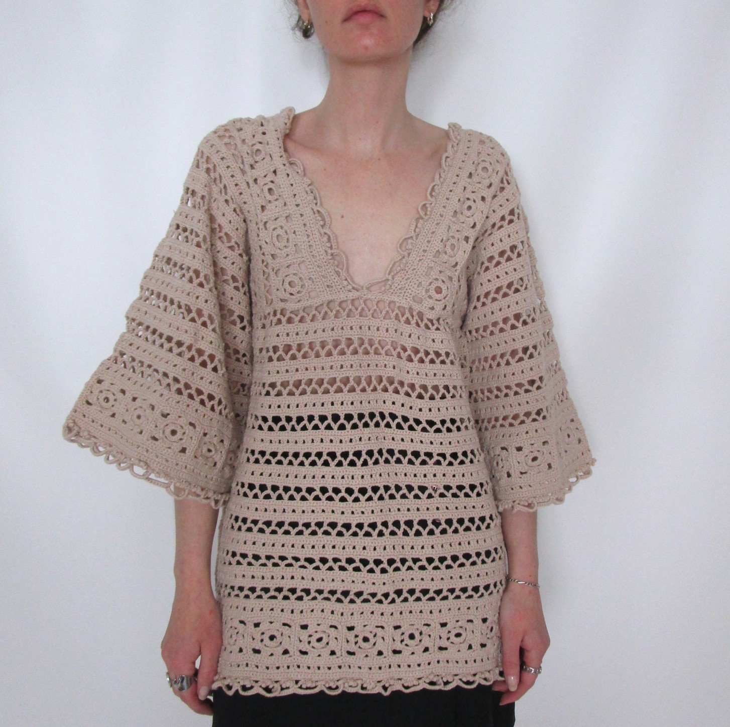 Top col V crochet beige M/L