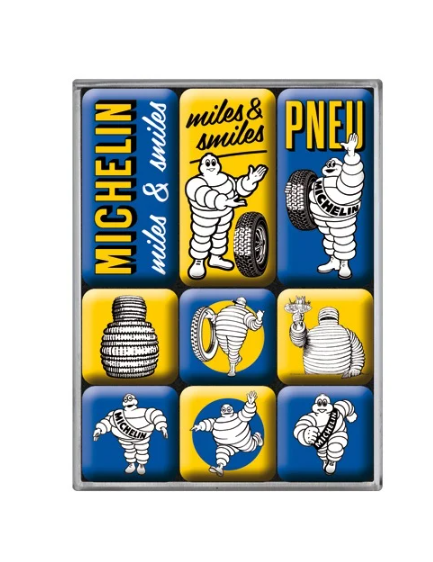 coffret de 9 magnets émaillés bibendum michelin