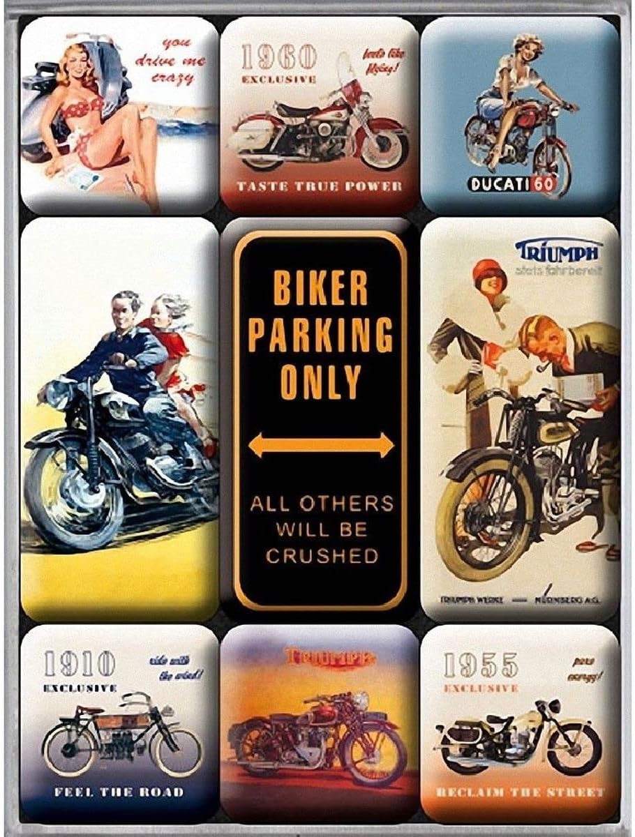 coffret de 9 magnets émaillés biker vintage