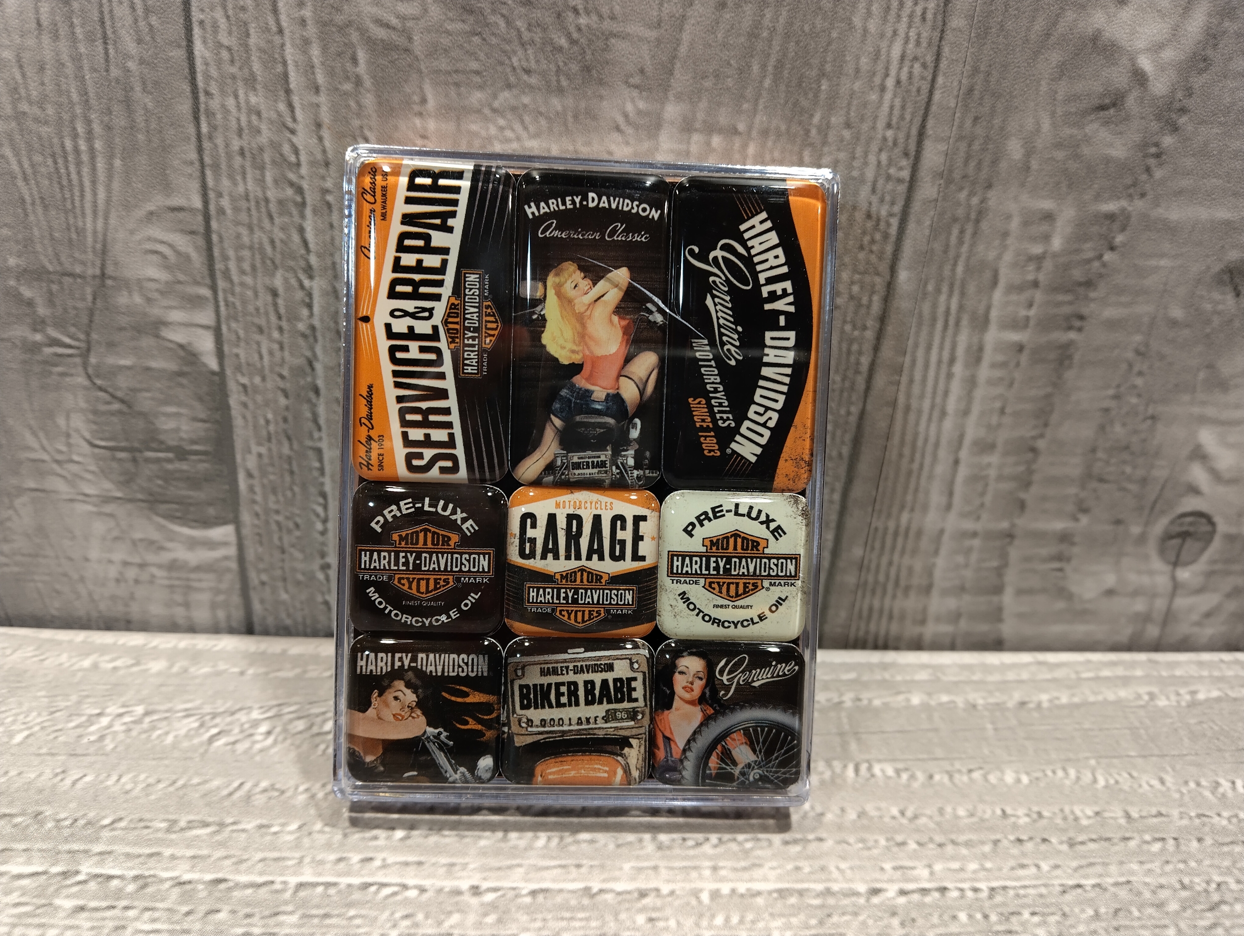 coffret de 9 magnets émaillés harley davidson rétro