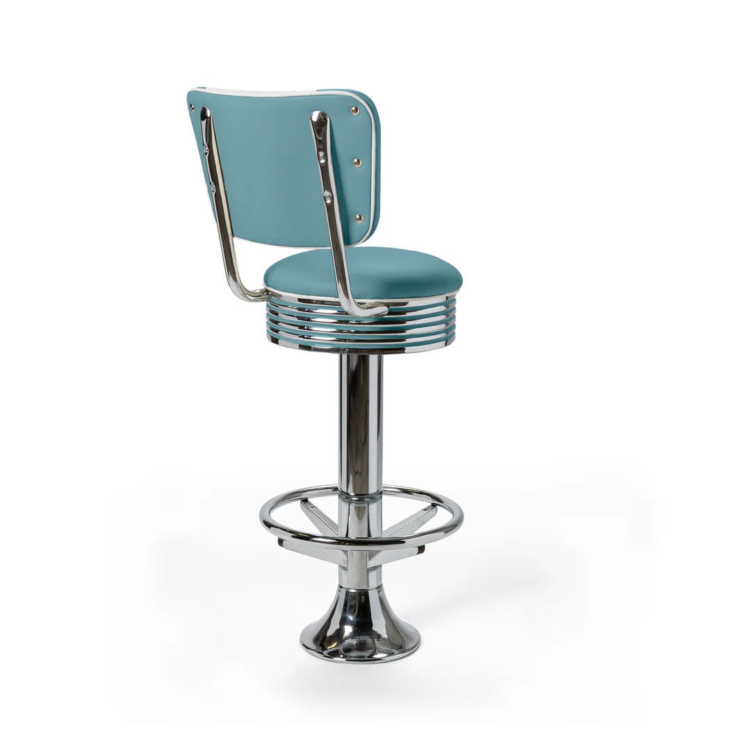 Casey Tabouret de bar Dossier et repose-pieds CB 77 Chrome mobilier américain bleu