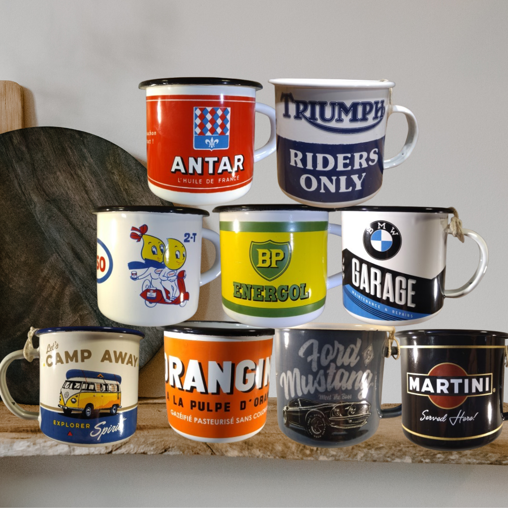 mugs émaillés rétro publicitaires