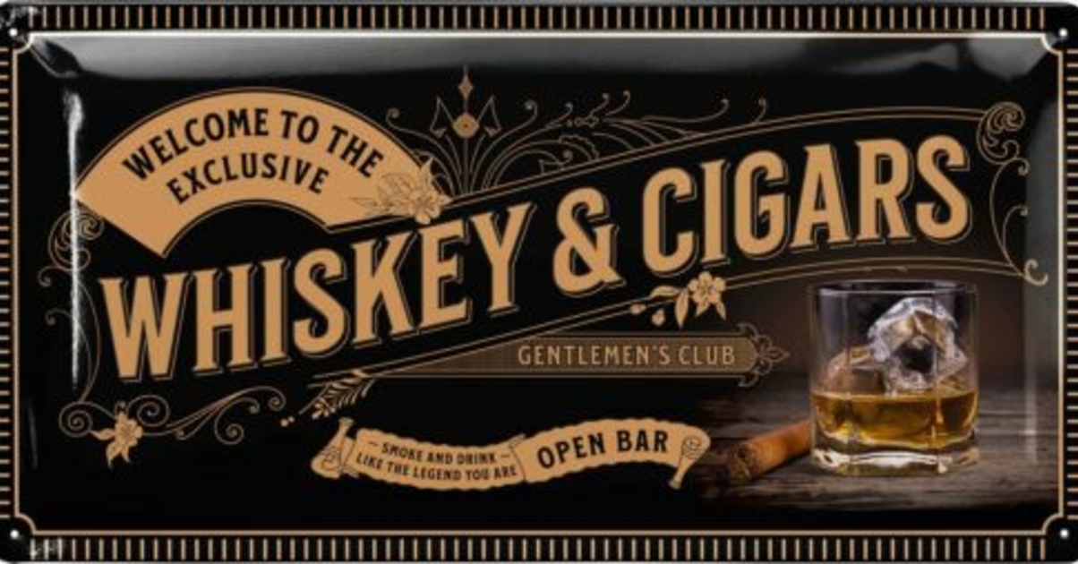 Plaque Métal Vintage Whisky Et Cigares – 30x20 Cm – Déco Murale Étain
