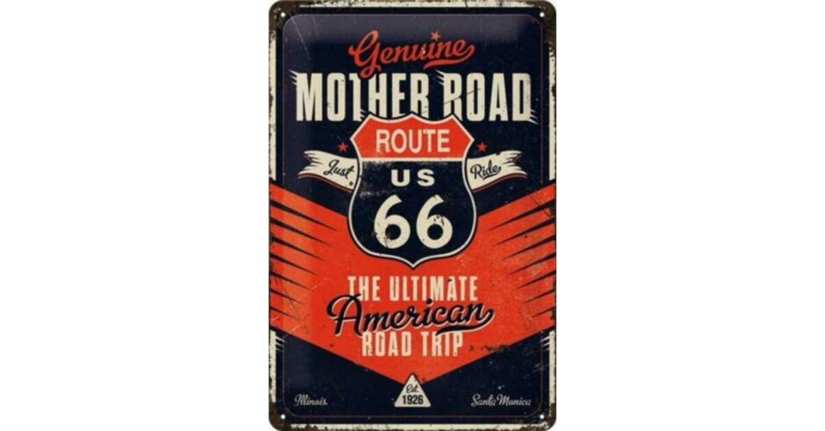 Plaque Métal Décorative Route 66 - 20x30 Cm, Multicolore, Décoration Murale