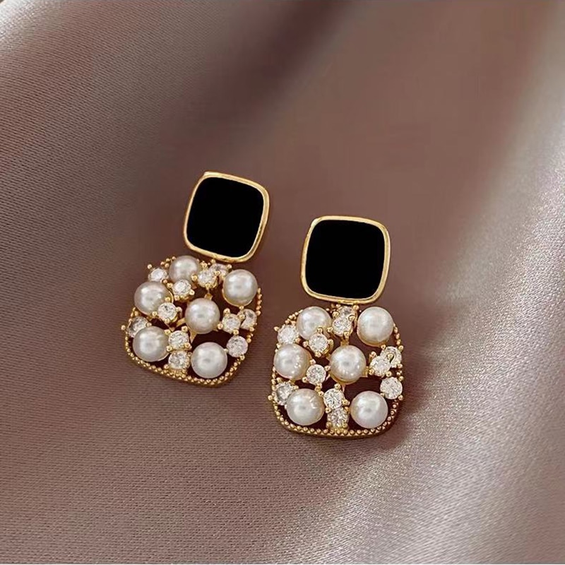 Boucles-d-oreilles-r-tro-pour-femmes-bijoux-fran-ais-noir-carr-perle-Zircon-pendentif-mode