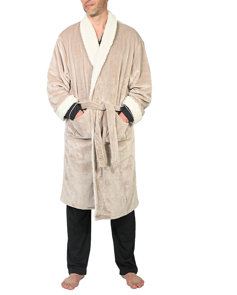 peignoir-polaire-col-chale-bicolore-beige-face-homme